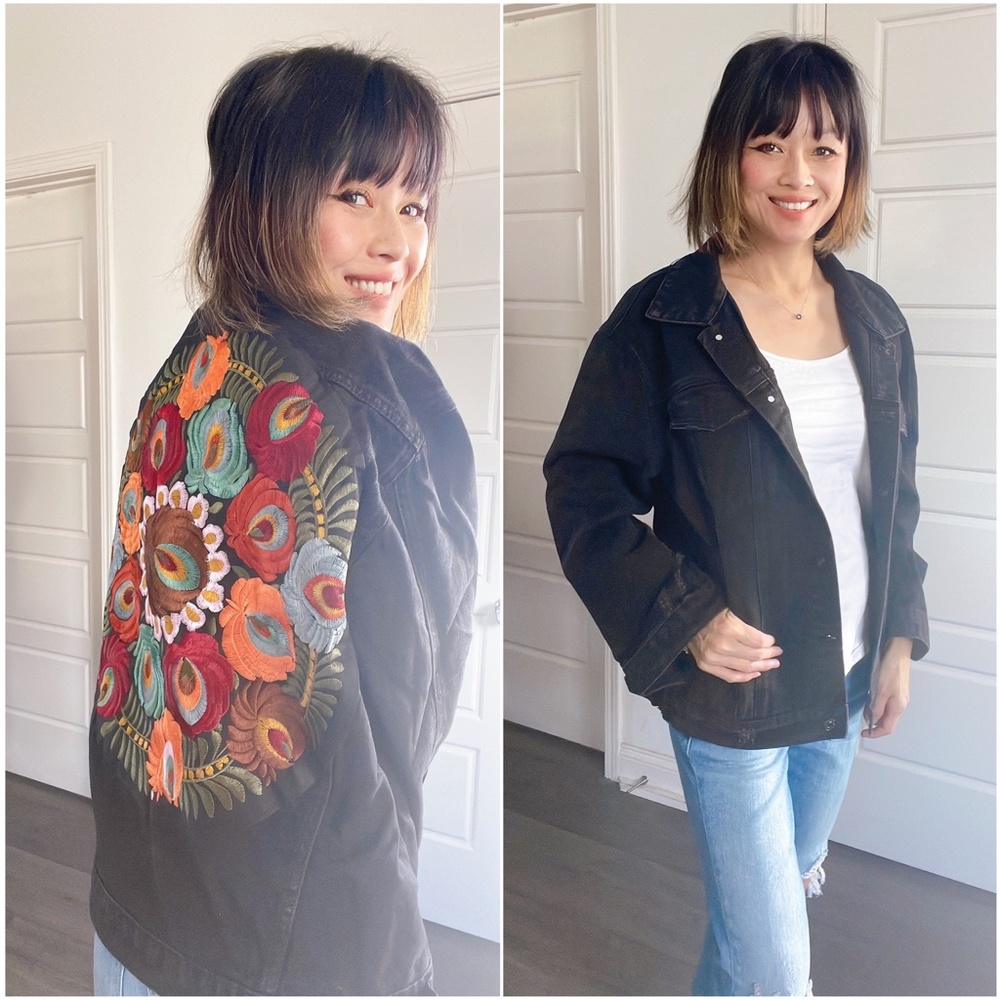 013 Boho Floral embroidered Distressed denim jean jacket - Picture 11 of 14